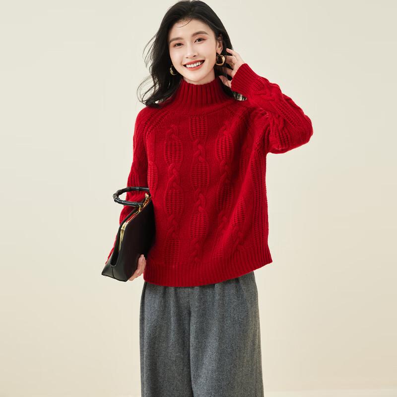 Women's 100% Merino Wool High-Neck Cable Knit Sweater