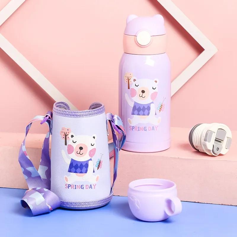Cartoon Children's Straw Water Cup Strap Bouncing Cup Children's Vacuum Double-lid Double-layer Stainless Steel Vacuum Flask