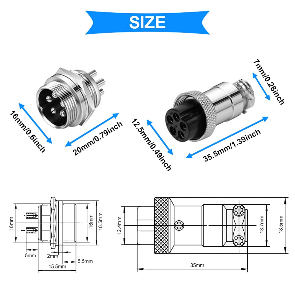 Xiatiaosann 6pcs GX16 5-Pin Aviation Connector MaleFemale Panel Aviation Wire Connector Plug Socket for Power Connection with 6 Waterproof Covers and