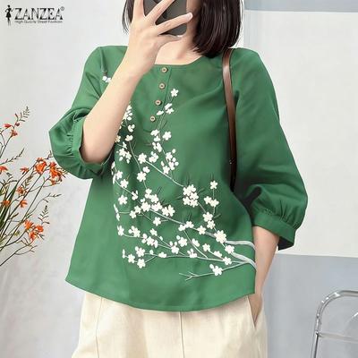 Women Casual Round Neck 3/4 Sleeve Loose Print Blouse