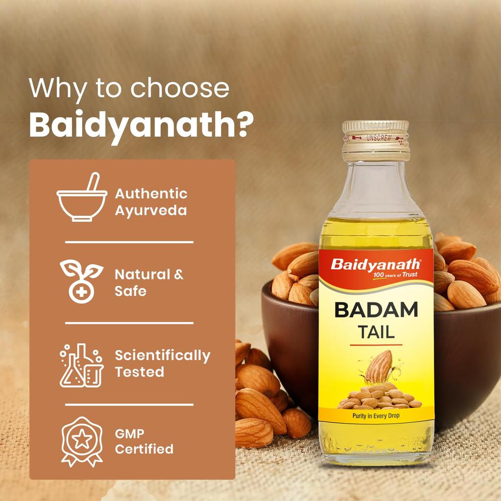 Baidyanath Ayurved Badam Tail 50ml Sweet Almond Hair & Skin Oil Vitamin E Rich Moisturizing Massage Oil Pack of 1