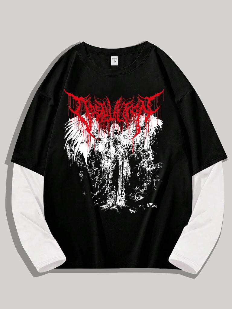 Męska koszulka Y2k Goth z grafiką, oversize, z długim rękawem, z okrągłym dekoltem, streetwear, wiosenna