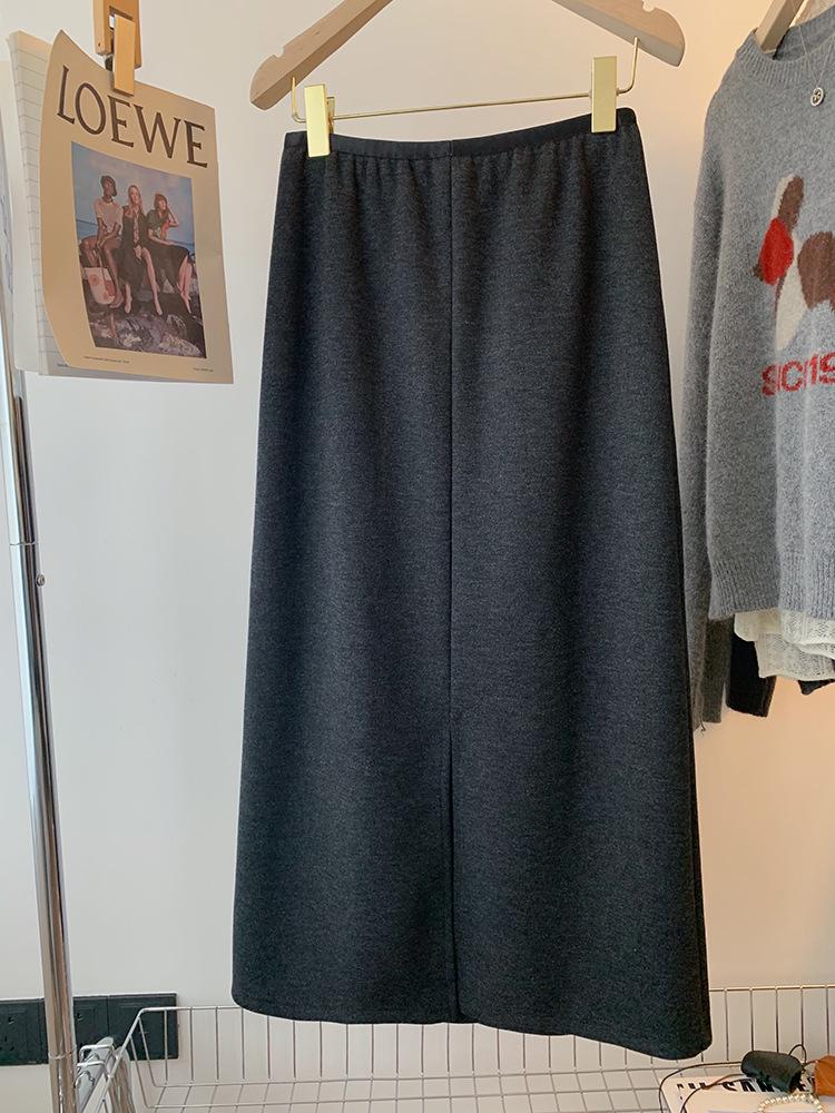 Women's Deep Gray Wool Tweed Midi A-line Skirt, 2026 Spring/Autumn Collection, Elastic High Waist.