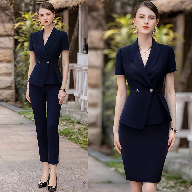 

Летний темно-синий костюмный комплект с коротким рукавом - Приталенный, для собеседования в колледже L