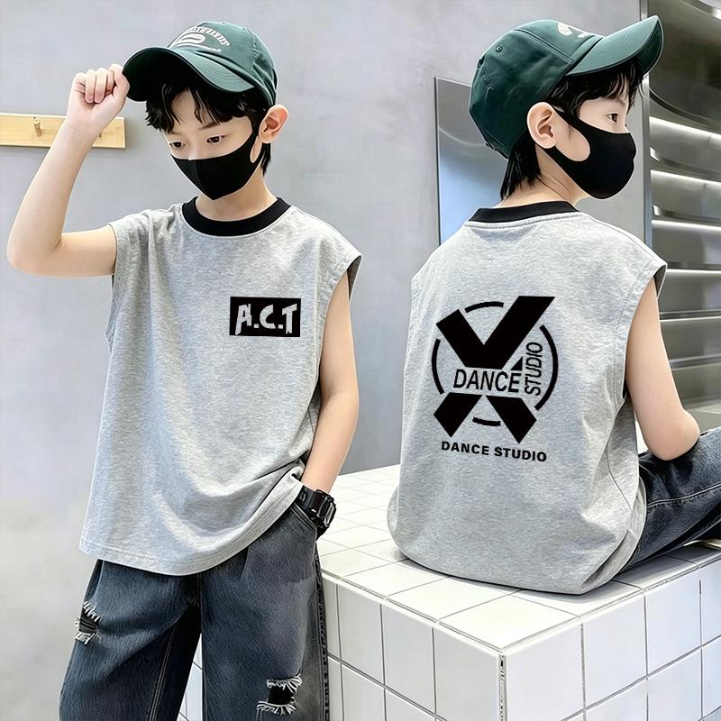 Boys' Color Block Cotton Vest T-Shirt - Summer 2026 Casual Sleeveless Top for Medium & Large Sizes