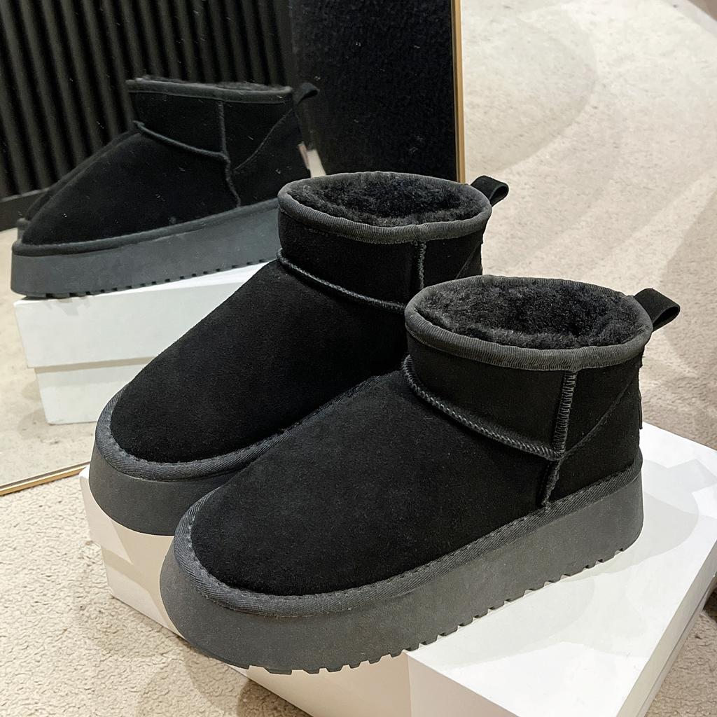 thick-soled snow boots women's winter real cowhide piled thickened bread shoes short tube student cotton shoes