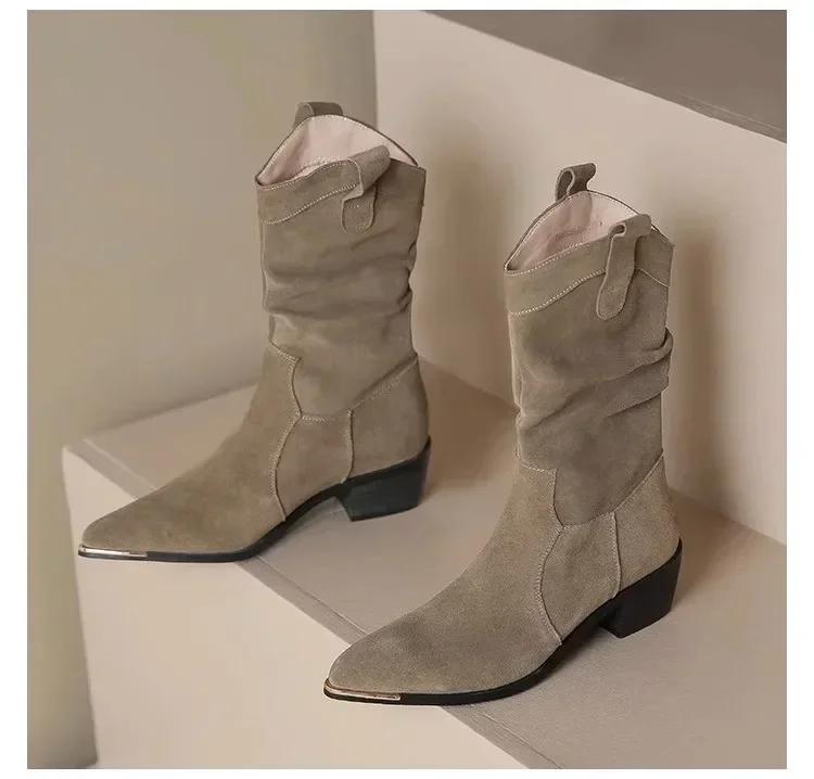 

Women s Pleated High Heels Boots Pointed Toe Denim Ankle Boots for Women Autumn Winter Fashion Retro Western Cowgirl Botas 34