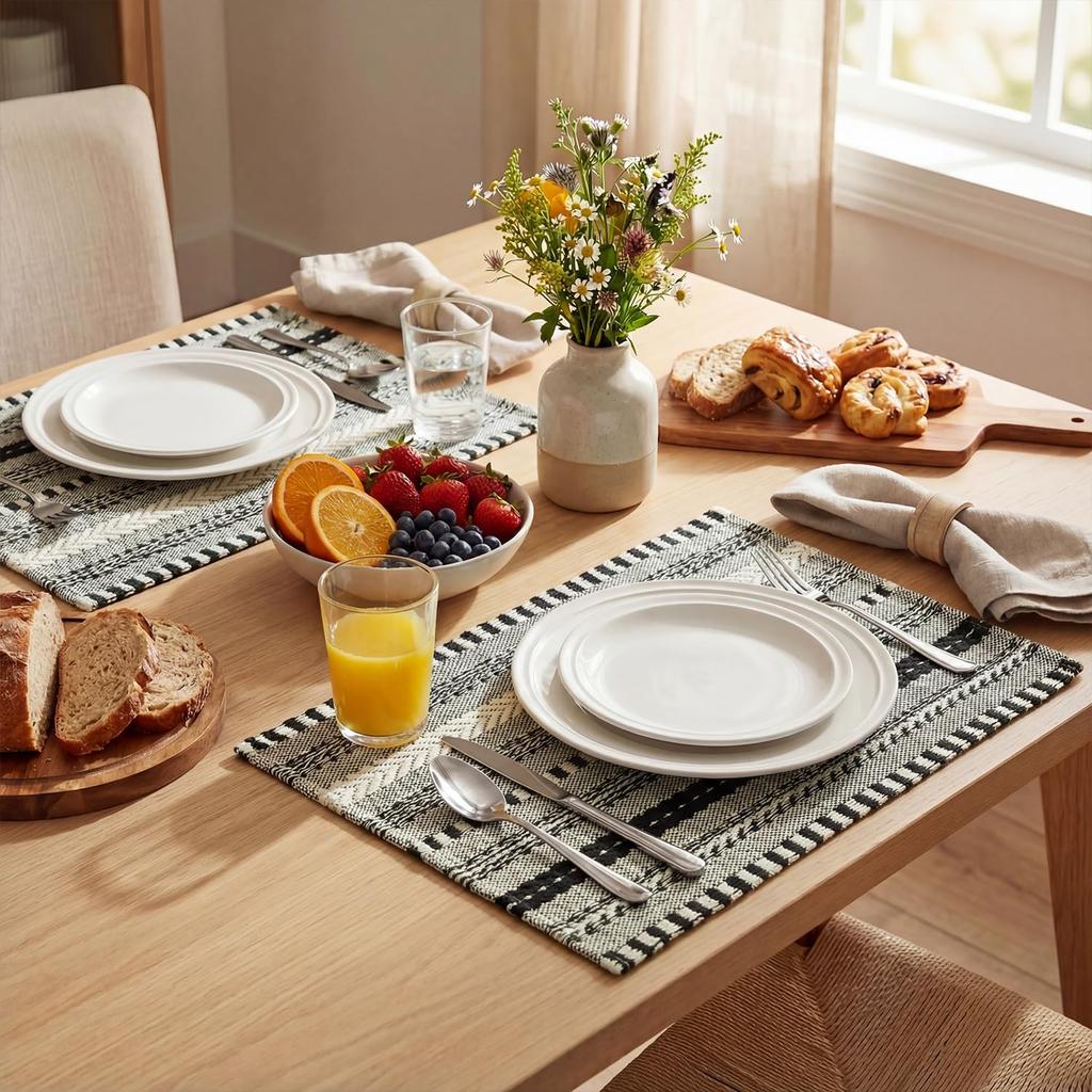 Black Farmhouse Woven Braided Stripe Placemats Set of 4,12x18 Inch Seasonal Holiday Table Mats Party Kitchen Dining Decoration