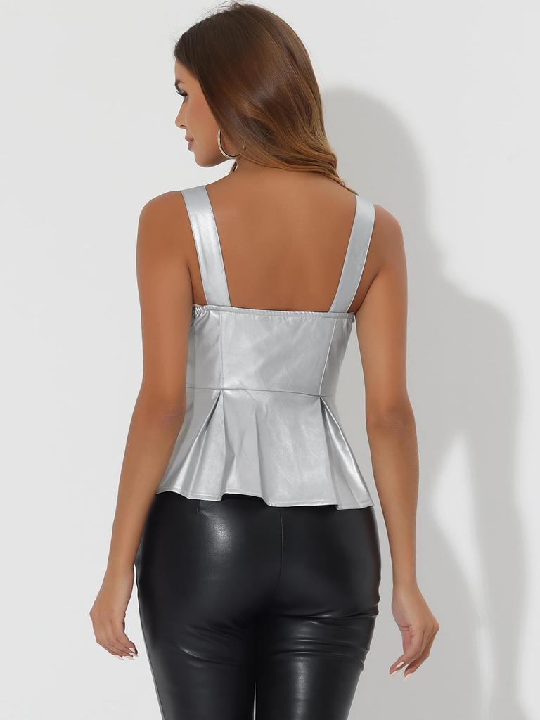 Allegra K Slim Fit Cami PU Faux Leather with Metallic Shine and Size S Women's Top, Buttons, Silver,