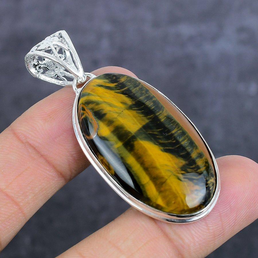 Natural Tiger Eye Gemstone 925 Sterling Silver Jewelry Pendant 2.21" d5u77