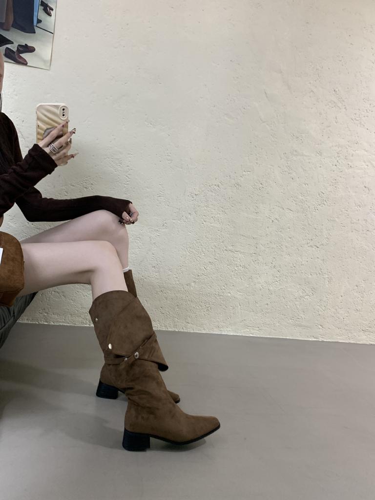 French thick heel suede piled boots women's shoes 2025 new spring and autumn winter belt buckle thin long boots