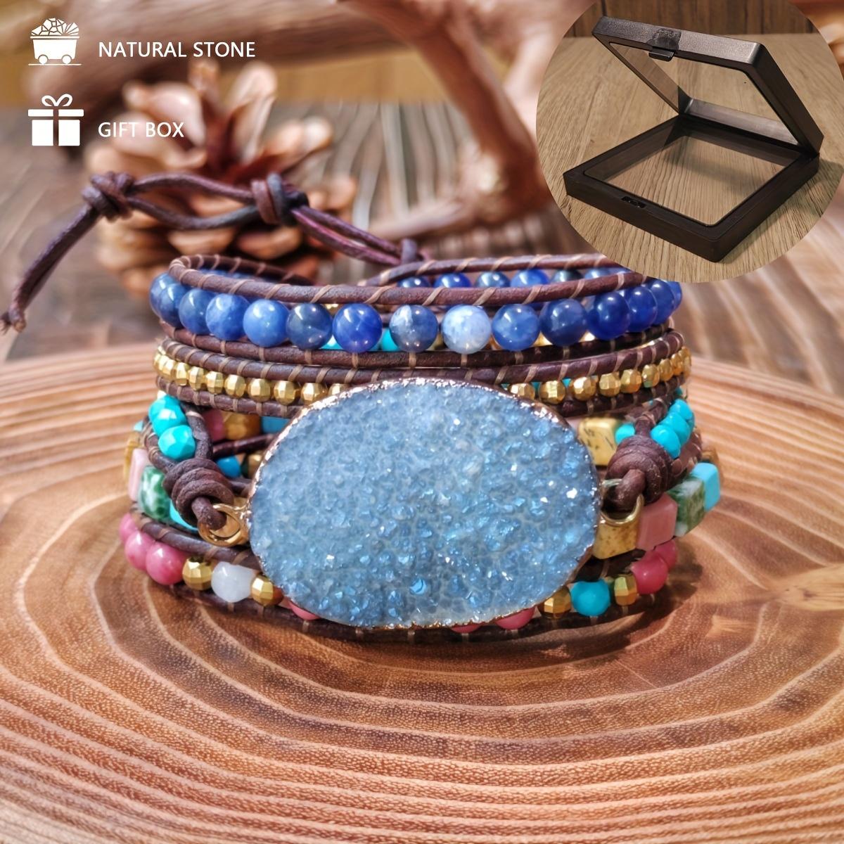

Bohemian-style adjustable five-layer hand-woven bracelet, paired with natural blue quartz, suitable for everyday wear and vacations. Crystal stone bracelet