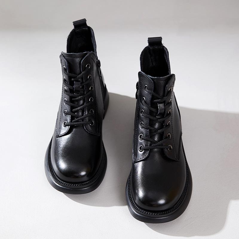 First Layer Cowhide Martin Boots Women's 2025 Autumn and Winter New Velvet Leather Retro V-mouth Short Women's Boots