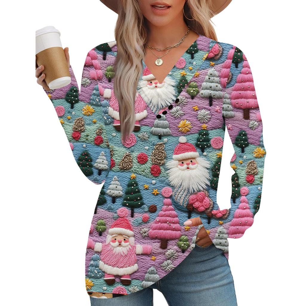 Women's Fashion Casual V-neck Pleated Christmas Long Sleeve Top