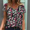 Women Print V Neck Short Sleeve Casual Loose Tunic Tops