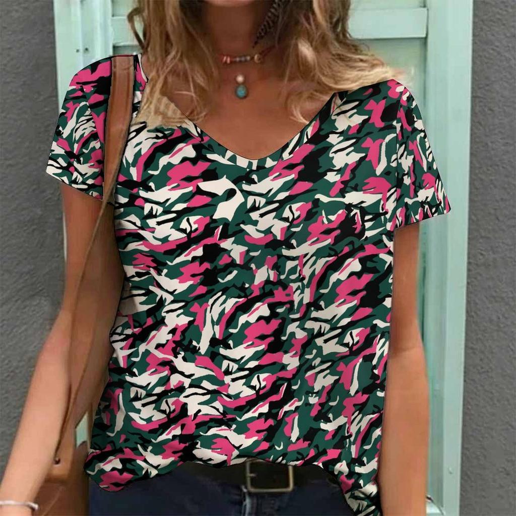 Women Print V Neck Short Sleeve Casual Loose Tunic Tops