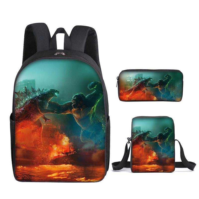 2021 Godzilla Wars King Kong School Bag Three-Piece Combination Set Primary And Secondary School Students Printed Backpack Cartoon School Bag