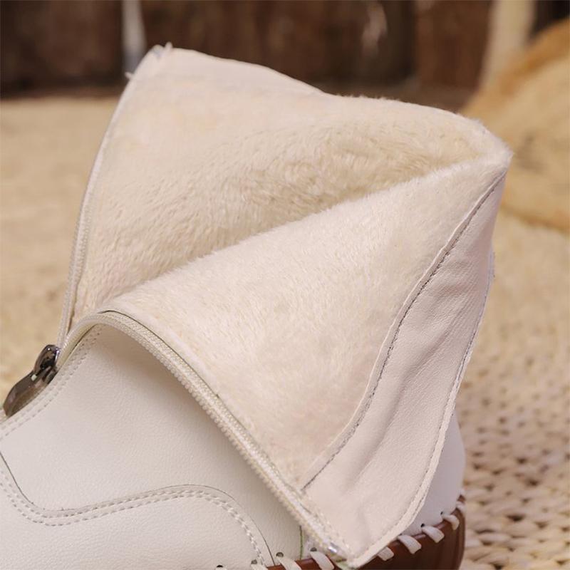 Fashion Vintage Pu Leather Mid-Calf Boots Women Winter Thick Warm Short Plush Boots Woman Zipper Flat Heel Beige Black Botas Mujer