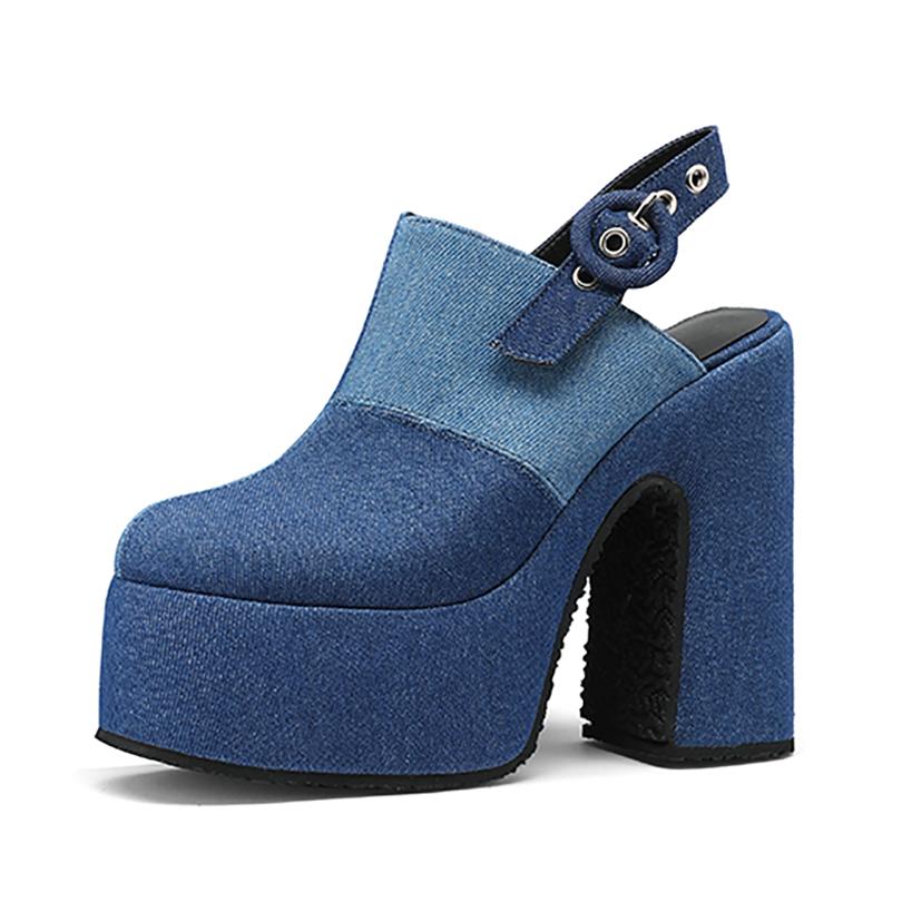 

Женские сандалии больших размеров, модные, с цветными блоками, из денима, с ремешком сзади, на высокой водонепроницаемой платформе, с вырезами 39 синий