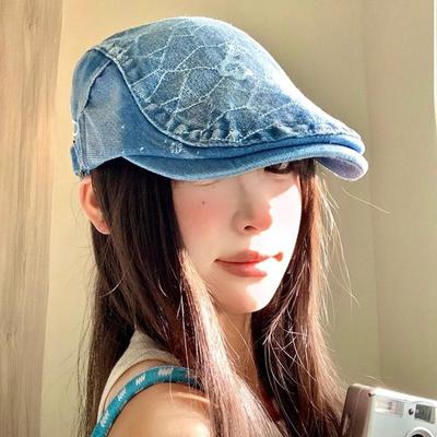 Washed Cowboy Forward Hat, Women's Versatile Big Head Circumference, Wearing a Duck Tongue Beret To Show the Face, Small Hat Spring and Autumn
