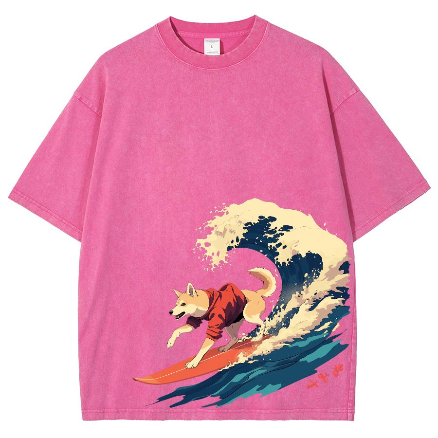

Женская футболка в японском стиле с рисунком щенка и волны, свободная, большого размера, стираная джинсовая ткань, короткий рукав, модный дизайн 3XL