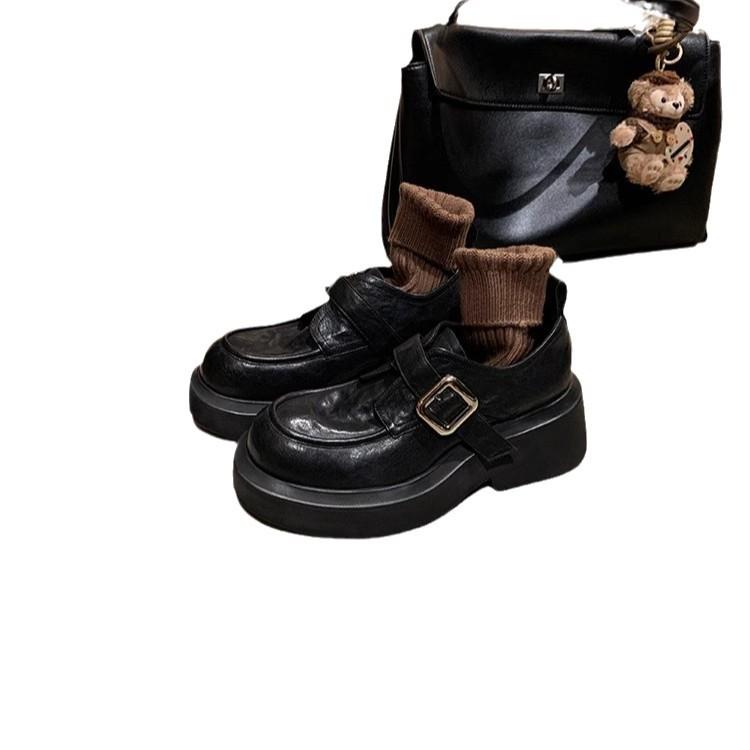 Grape Mother Has the Same Style, and It Will Not Fade~ Washed Shrinkage Horse Skin Thick-soled Small Gold Buckle Loafer Single Shoes and Small Leathe