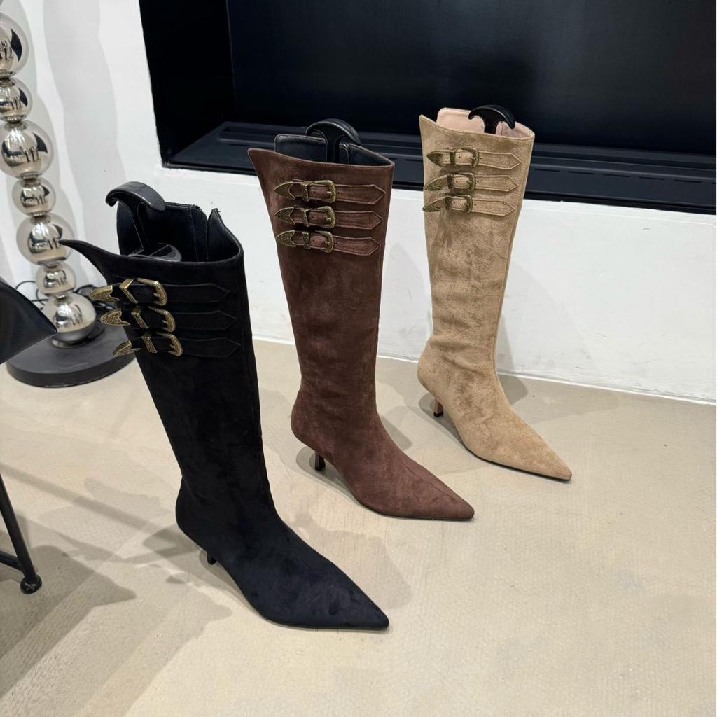 Spice girls pointed high-heeled boots 2025 new design sense niche Maillard foreign look thin heel Martin boots