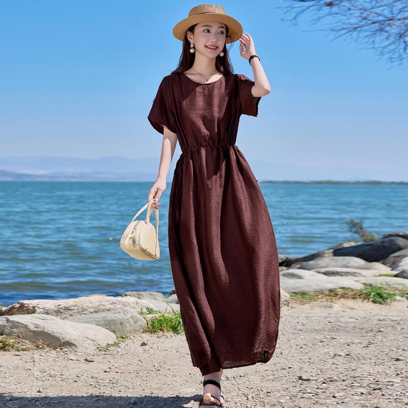 2025 Summer Loose Women's Round Neck Short Sleeve Slimming Long Dress