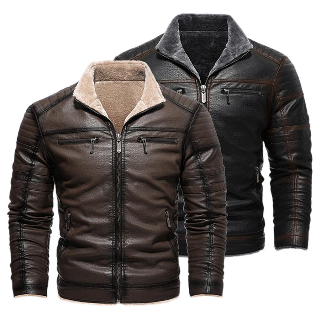 Men's Multi-Pocket Plush Thickened PU Leather Jacket Vintage Business Casual Jacket
