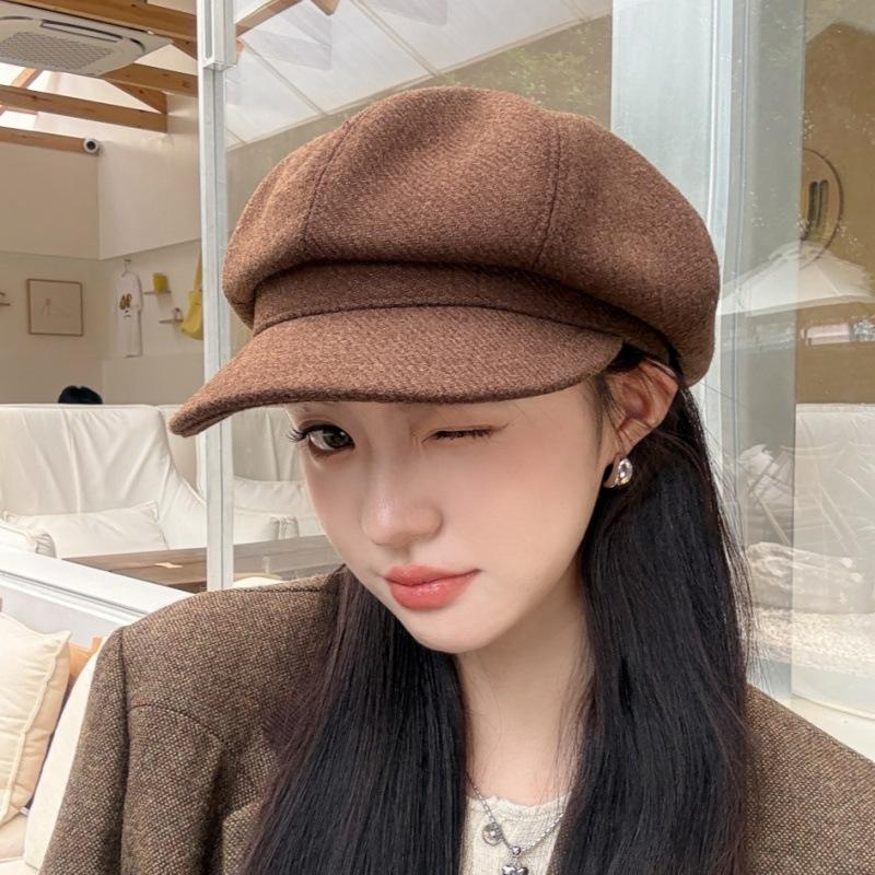 Women S Solid Color Wool Blend Octagonal Newsboy Cap Korean Style Versatile Warm