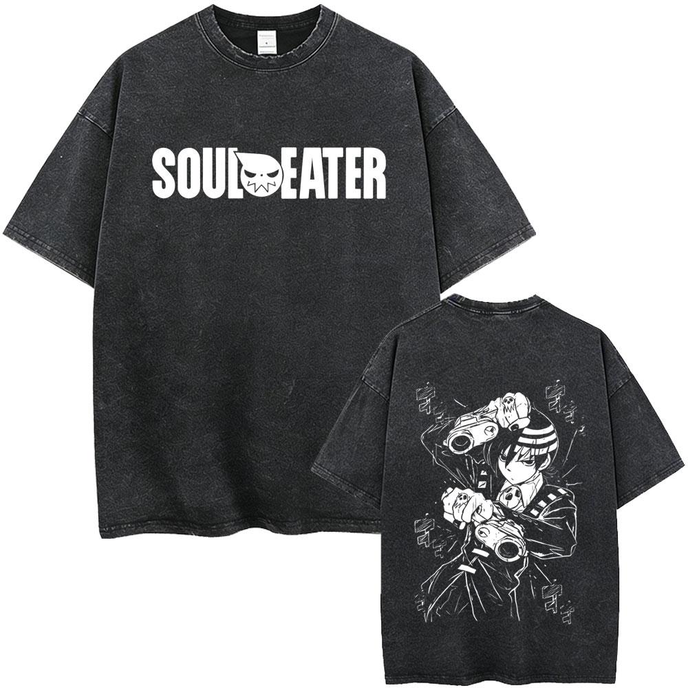 Washed Vintage Anime Soul Eater Maka Albarn Soul Evans Graphic Tshirt Mens Retro Manga T Shirts Men Cotton Oversized Tshirts