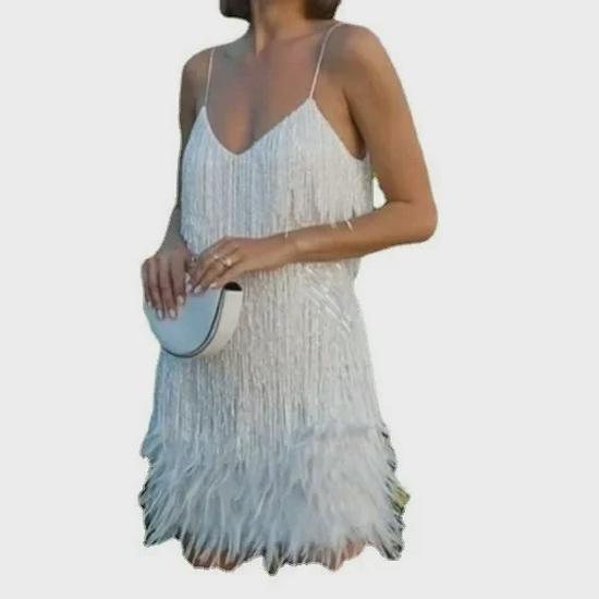 2025 Summer Women's Tassel Sequin Feather Stitch Dress