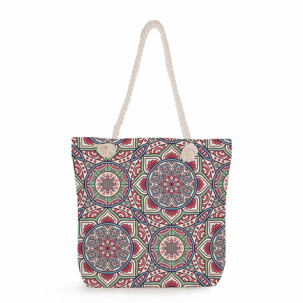 Multifunctional  Flower Printed Thick Rope Shoulder Beach Bag 7588