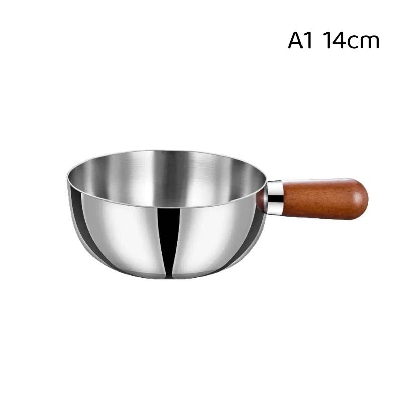 1Pcs Non-Slip Base Even Heat Distribution Milk Pot Stainless Steel Pot With Heat-Resistant Wooden Handle Induction Compatible