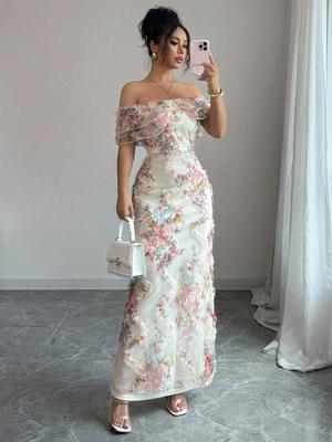 Elegant Romantic Lace Ruched Sleeveless Bodycon Mesh Floral Dress for Women