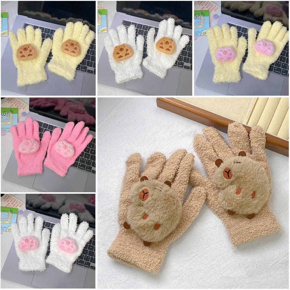 Capybara Coral Velvet Gloves Cycling Cute Gloves New Capybara Plush Gloves  Women