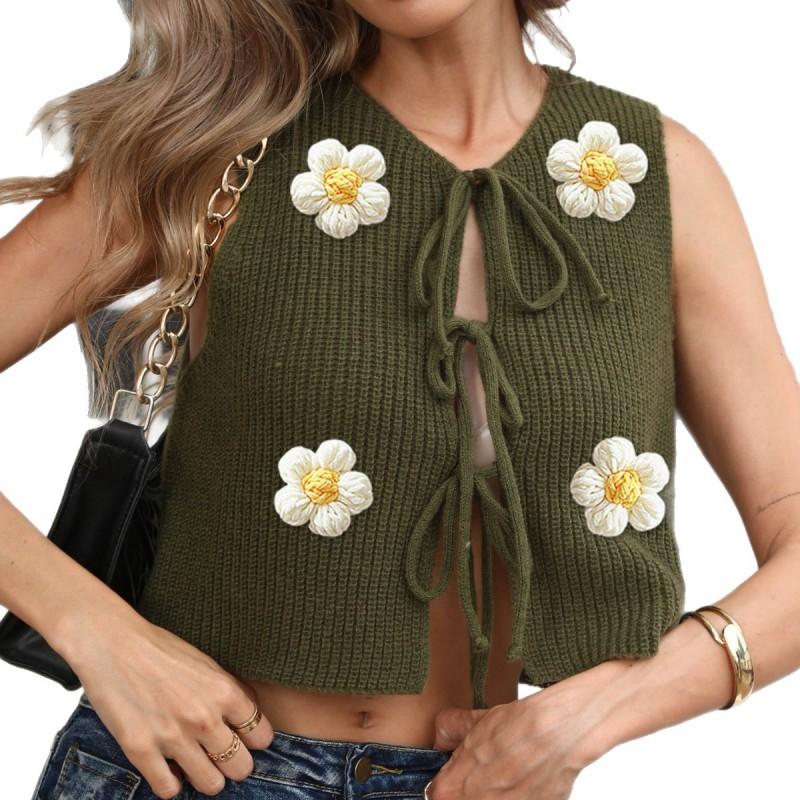 Womens Casual Sleeveless Cardigan Sexy Lace-up Bow Hand Crochet Flower Patchwork Streetwear