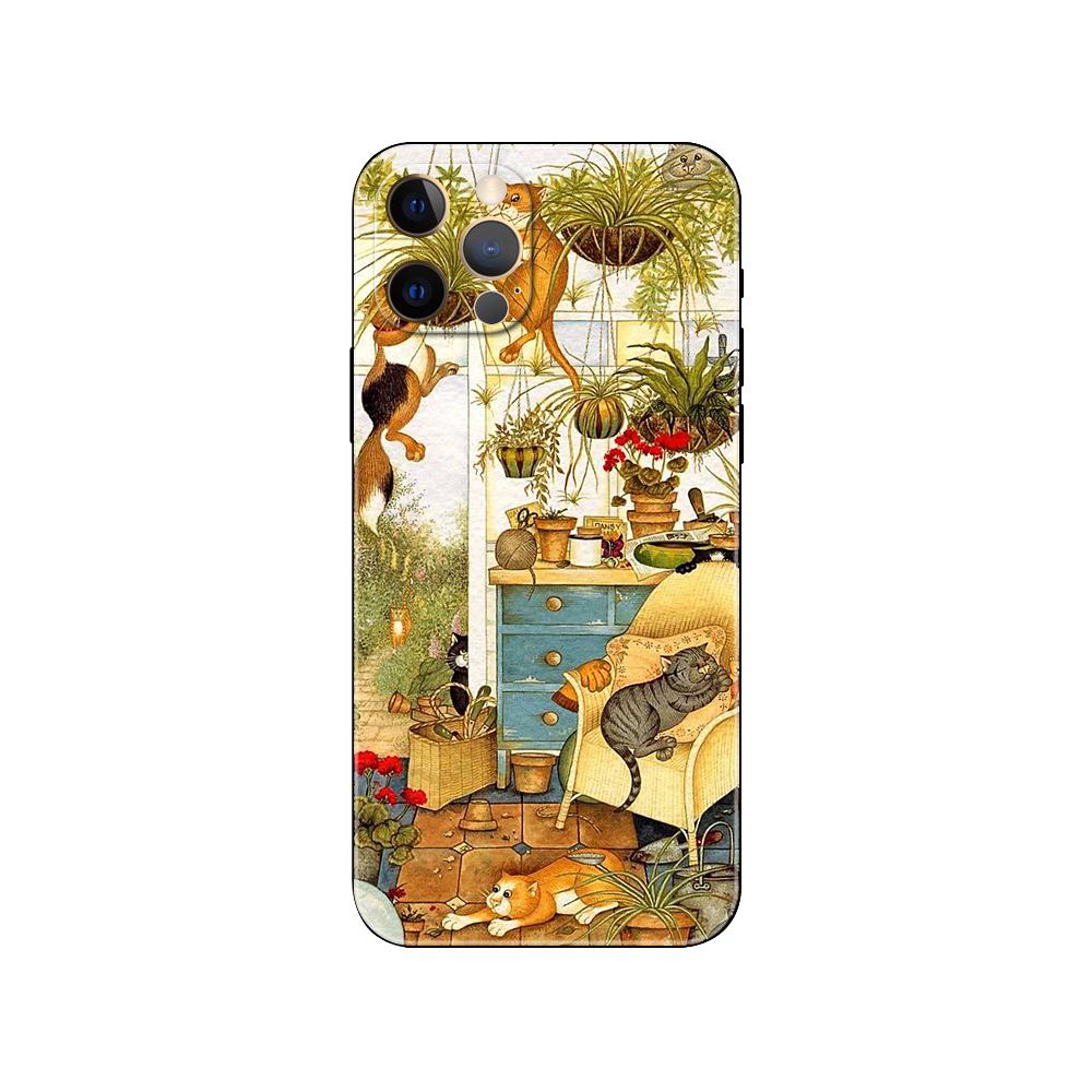 Cats and the Library Tree Phone Case for Iphone 5 5s 2020se 6 6s 7 8 Plus X 10 XR XS 11 12 13 Mini Pro MAX Black Tpu Back Cover