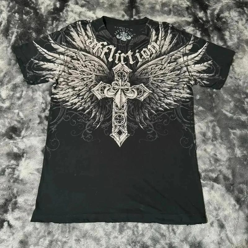 Y2K Red Gothic Thorn Totem Printing Harajuku Style T Shirt High Street Broken Feeling Mens Short Sleeves Couple Collocation