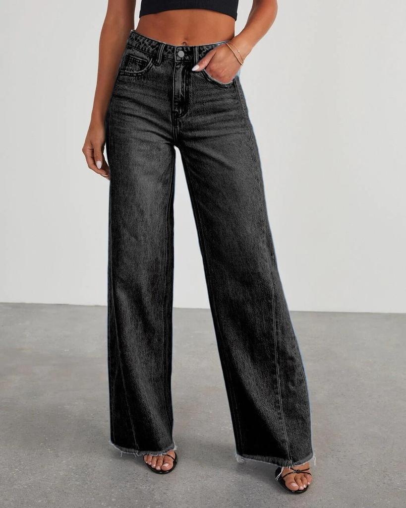 2023 Women's Loose Wide-Leg Patchwork Frayed Hem Jeans