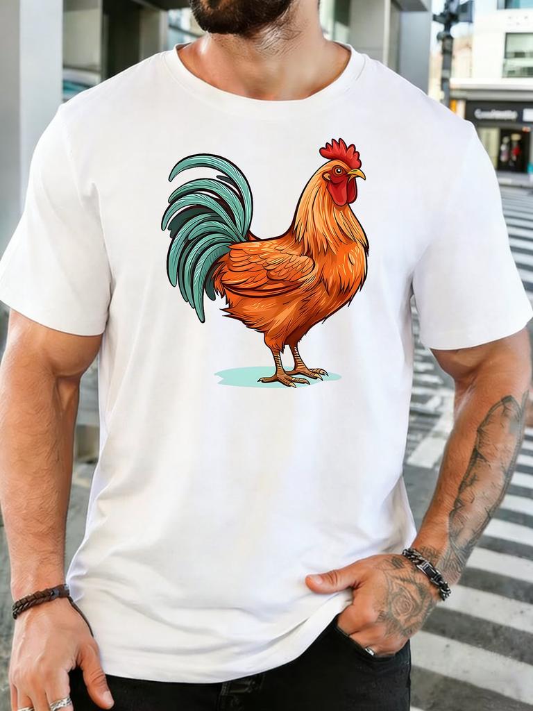 Unisex Colorful Rooster Animal Graphic Cotton Short Sleeve Tee Crew Neck Soft Male Summer Casual Breathable Daily Street Wear Top
