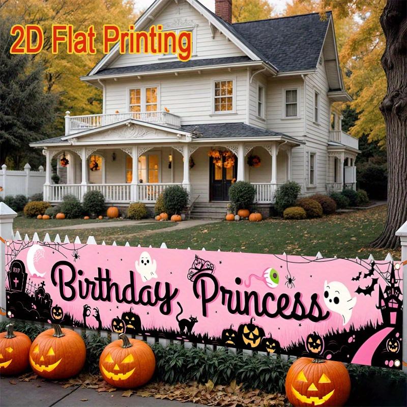 Halloween Birthday Princess Banner, Jack-O'-Lanterns Bats & Haunted House Design, Polyester Outdoor Indoor Garden Porch Fence Decoration