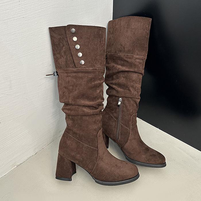 But Knee Boots Women's 2025 Autumn Thin Retro Western Cowboy Boots Thick Heel Knight Boots Medium Tube Stacking Boots
