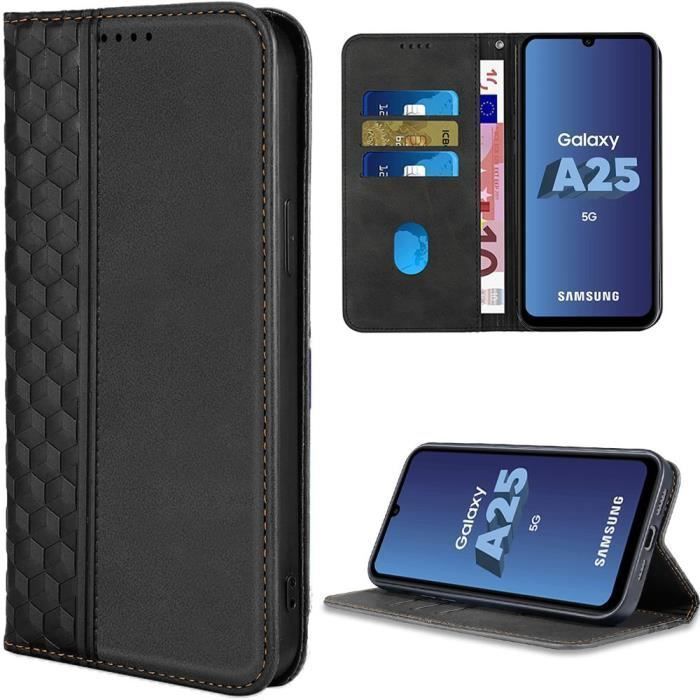 Coque de protection - BOOLING - pour Samsung Galaxy A25 5G - Cuir synthétique - Motif Treillis - Noir
