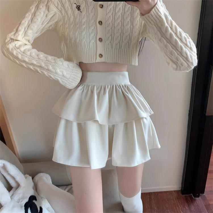 Women's High-Waisted White Wool Plaid Ruffle Skirt - A-Line, Fluffy Autumn Style, Anti-Exposure.