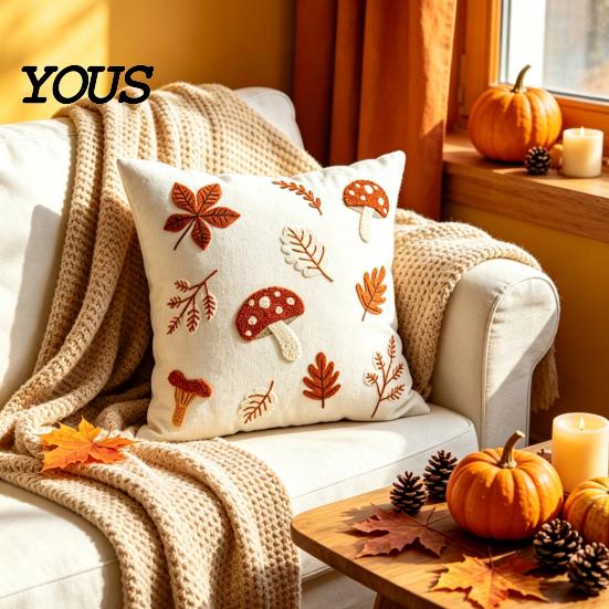 Autumn Theme Home Accents Embroidered Pillowcase, Mushroom Leaf Throw Pillow Cover, 18"x18" 20"x12" Seasonal Fall Cover Farmhouse for Sofa Bedroom