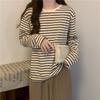 T-shirt a manica lunga con scollo rotondo da donna abbigliamento autunnale nuova versatile a righe sottile e larga maglia di base top interno casual