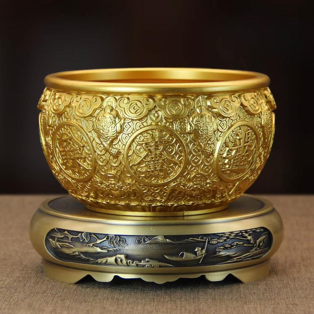 Brass Bowl,Engraved Golden Toad Treasure Basin,Copper Jar With Lid for Attracting Wealth Good Fortune, Home Desktop Decoration