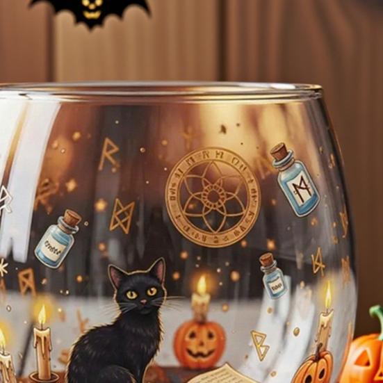 Halloween Painted Glass Mug Spooky Black Cat & Pumpkin Pattern