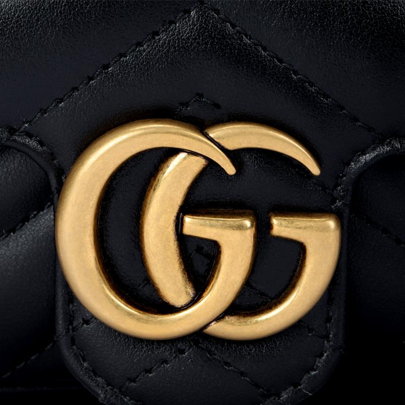 Gucci Gg Marmont Gold Retro Doppel G Logo Mit Schlüsselring V-förmig Genähtes Leder Und Rindsleder Einzelne Schulter Umhängetasche Ultra-Mini Damen Schwarz